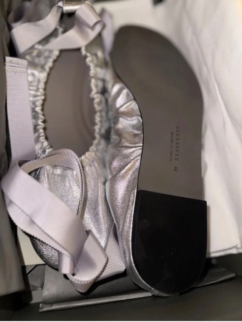 $299+ NWB AllSaints Alia Silver Metallic Leather Ribbon Ballet Sz 41/US 10.5